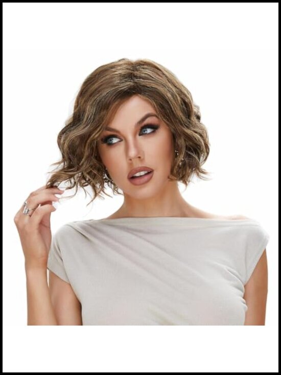 Short Ombre Wavy Wig Human Hair Mixed Synthetic Shoulder Length Heat Resistant main image 6